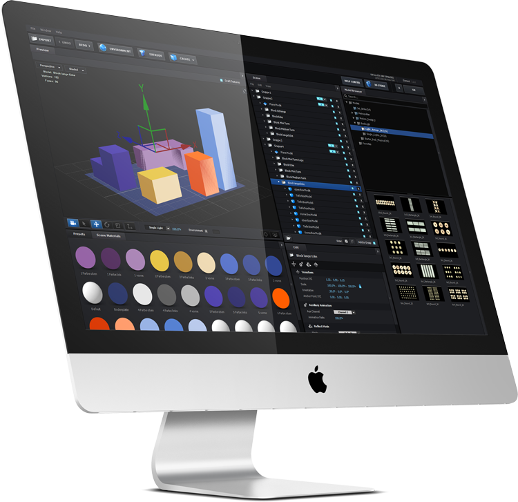 Auf einem iMac läuft das After Effects PlugIn Element 3D. Mit vielen Farben werden gerade bunte Bauklötze gebaut.