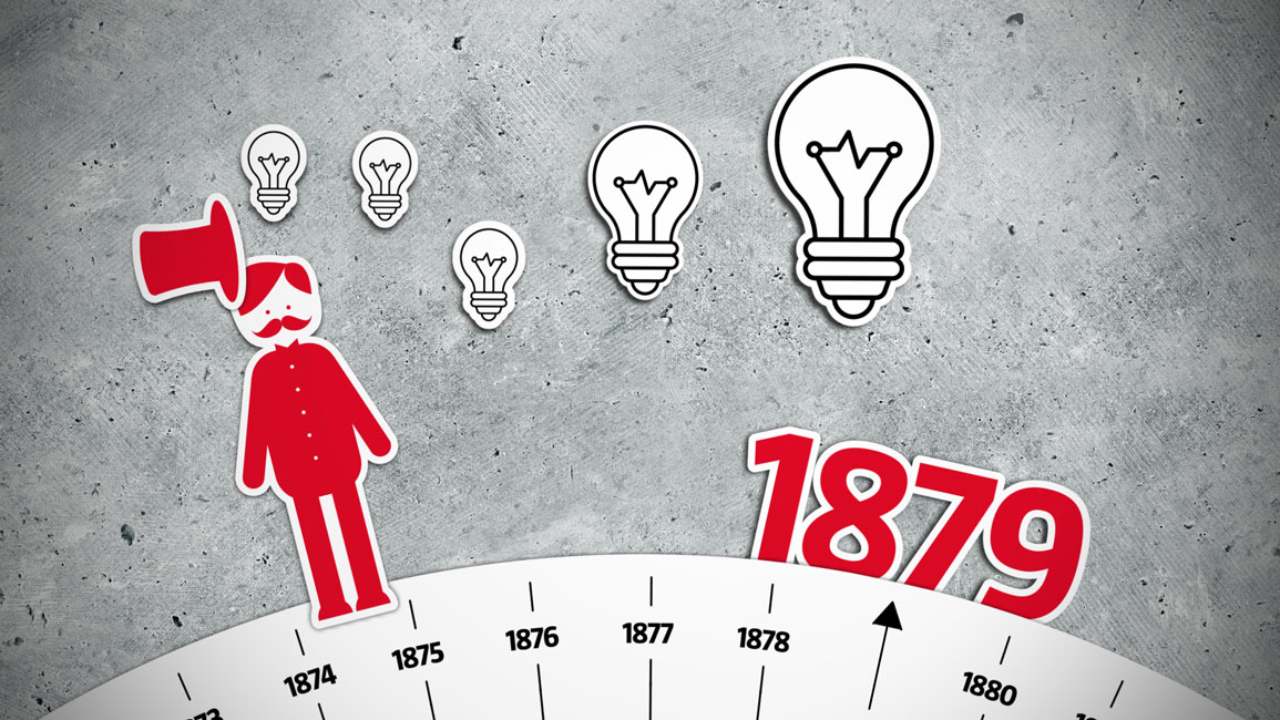 Blick auf ein Betontableau mit stickerartigen Illustrationen: Thomas Edison und die von ihm etablierten Glühbirnen mit der Jahreszahl 1879. Hier erklärt die Videoproduktion den Ausgang der Erleuchtung.