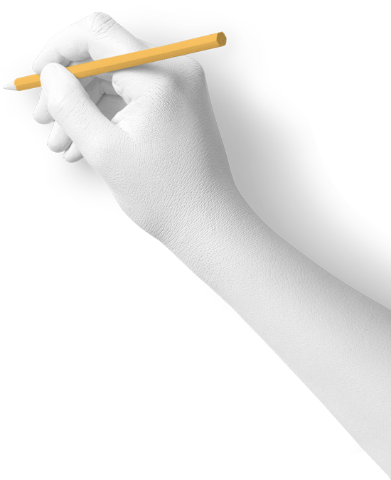 Ein orangener Stift wird von einer weiß bemalten Hand in Schreibposition gehalten. In genau dieser Position stelle ich mir meine Kunden vor, die mir als Freelancer ein ehrliches Feedback gegeben haben